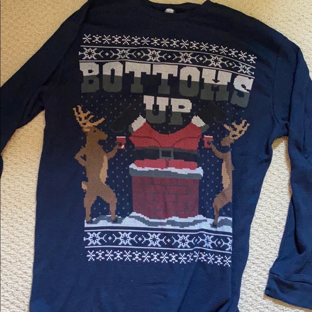 Funny Christmas sweater that says “bottoms up”